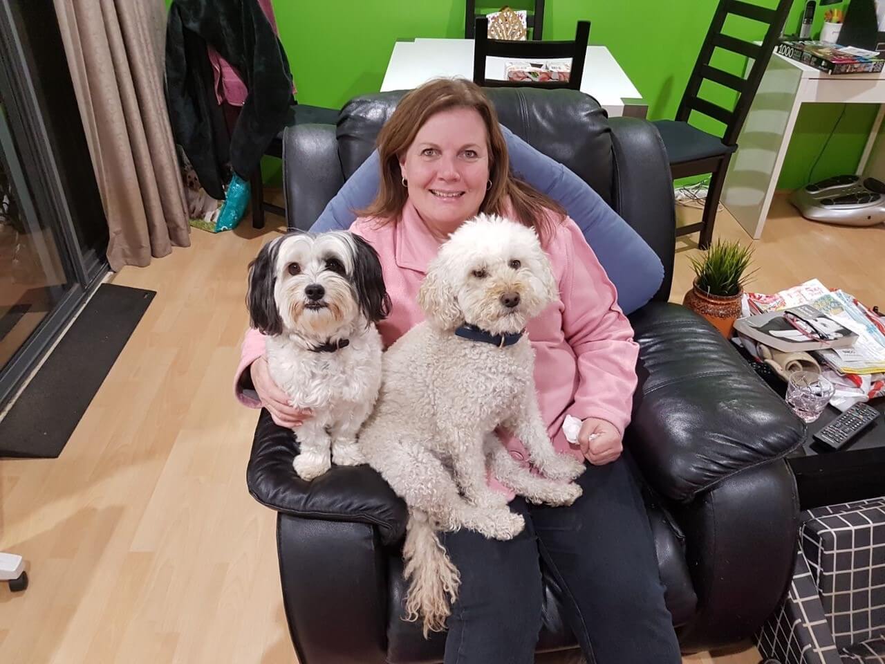 Woman in pink sweater sits in armchair with two small fluffy white dogs