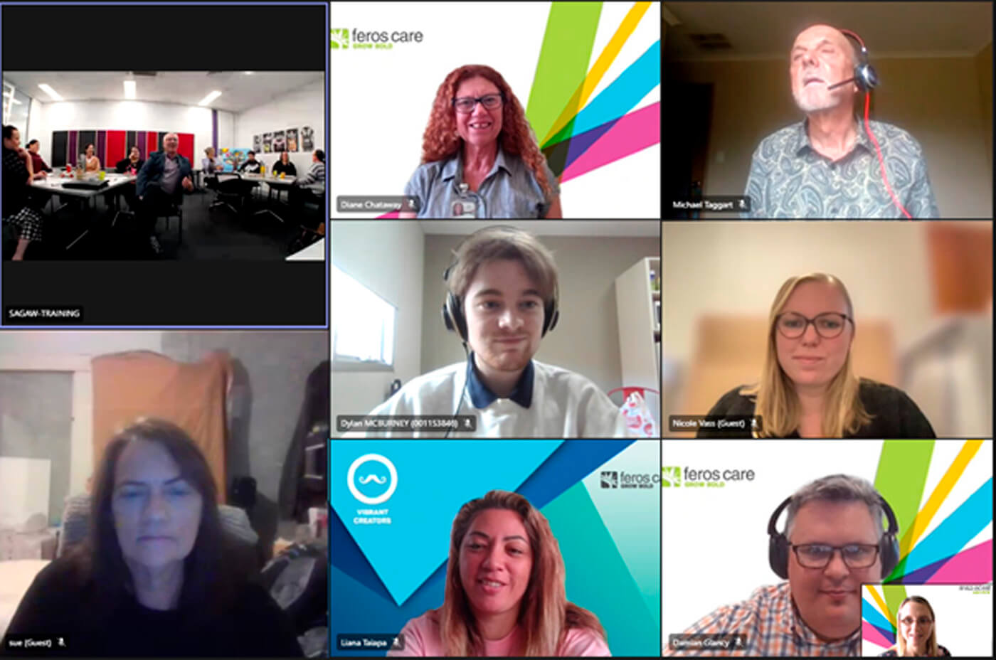 Screenshot of a Zoom screen with 8 people looking at the camera.