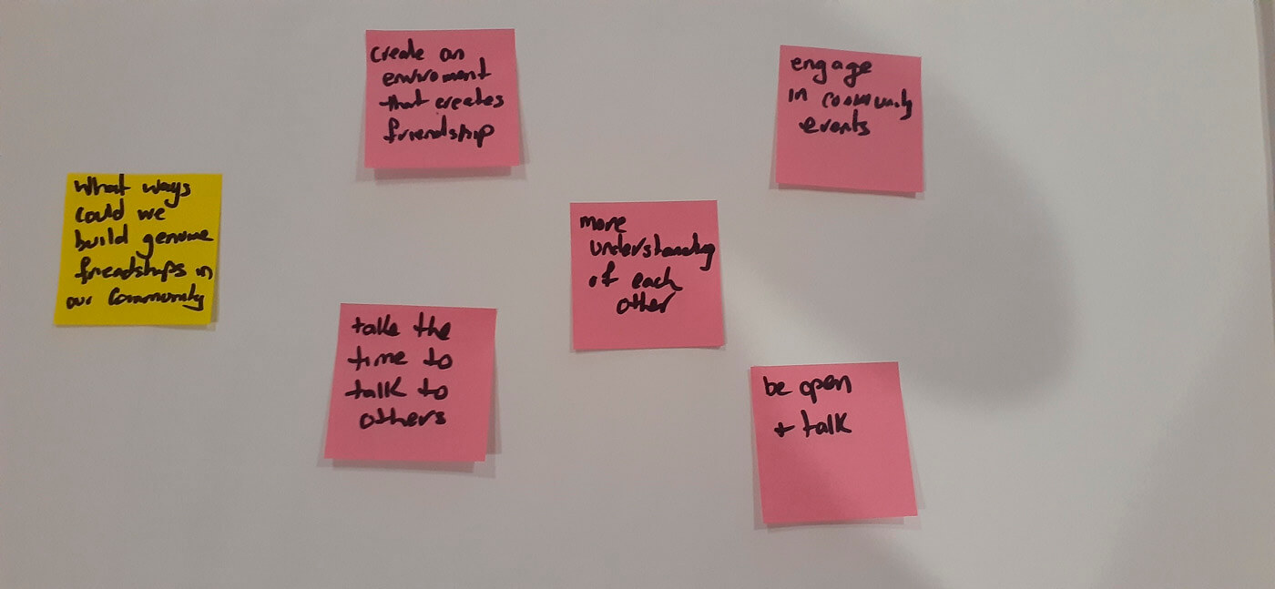 Close up of 1 yellow and 5 pink post-it notes. They have black writing on them.