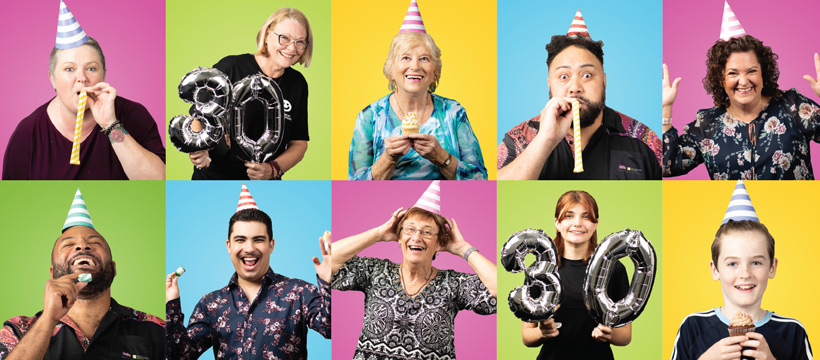 Individual shots of ten people with colourful backgrounds, party hats and 30 balloons