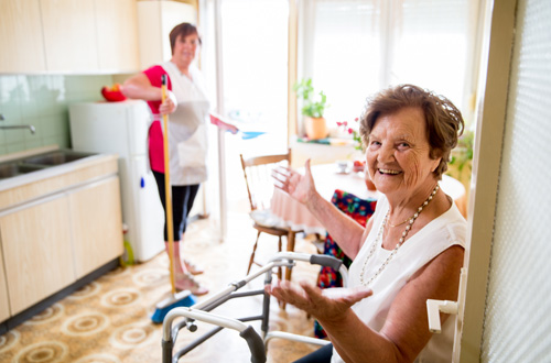 Senior lady and carer cleaning the home