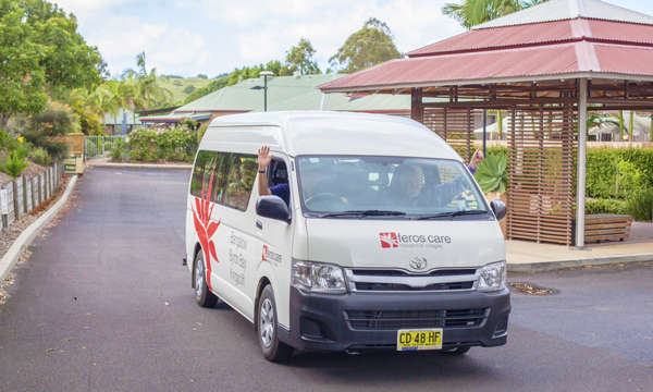 Feros Care mini bus leaving Bangalow